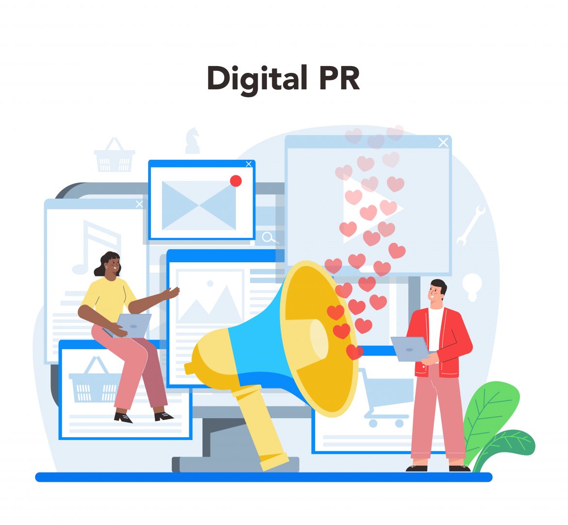 Public relations concept. Idea of making announcements through mass Digital PR for SEO