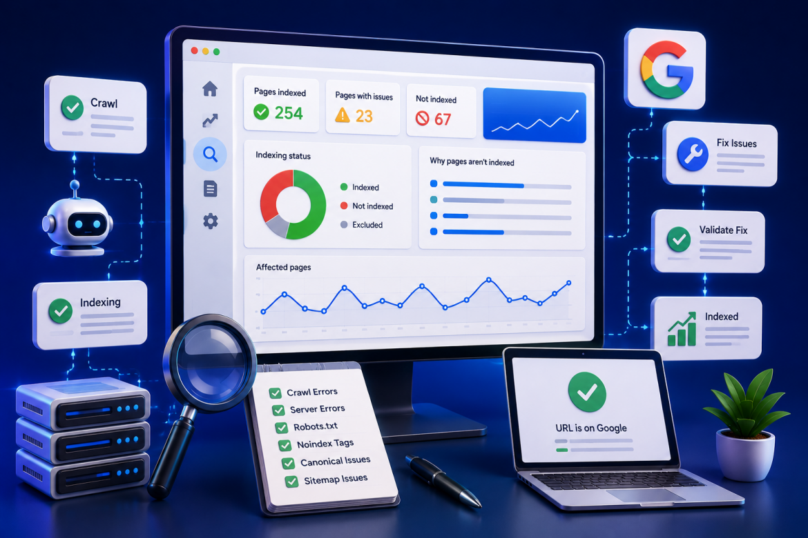 Google Search Console coverage report showing indexing errors and excluded page statuses