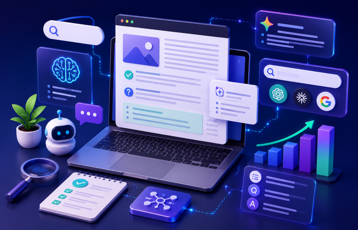 Blog article structure diagram showing answer-first formatting optimised for AI Overviews and chat-based search