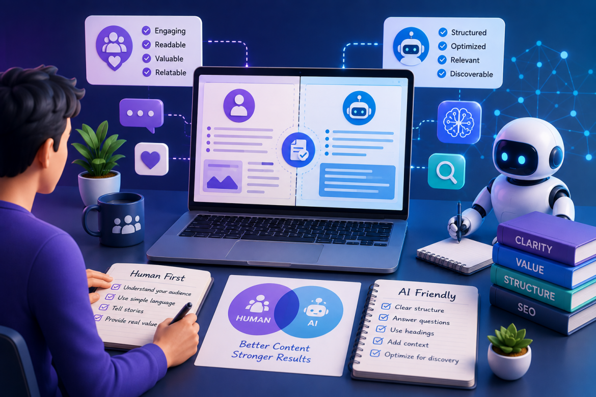 Split illustration showing content written for human readers on one side and structured data for AI systems on the other